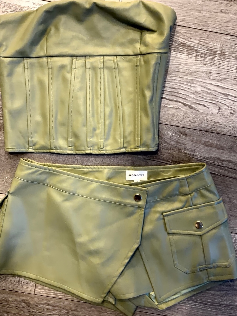 Superdown Olive Faux Leather Corset Top & Asymmetrical Skort Set